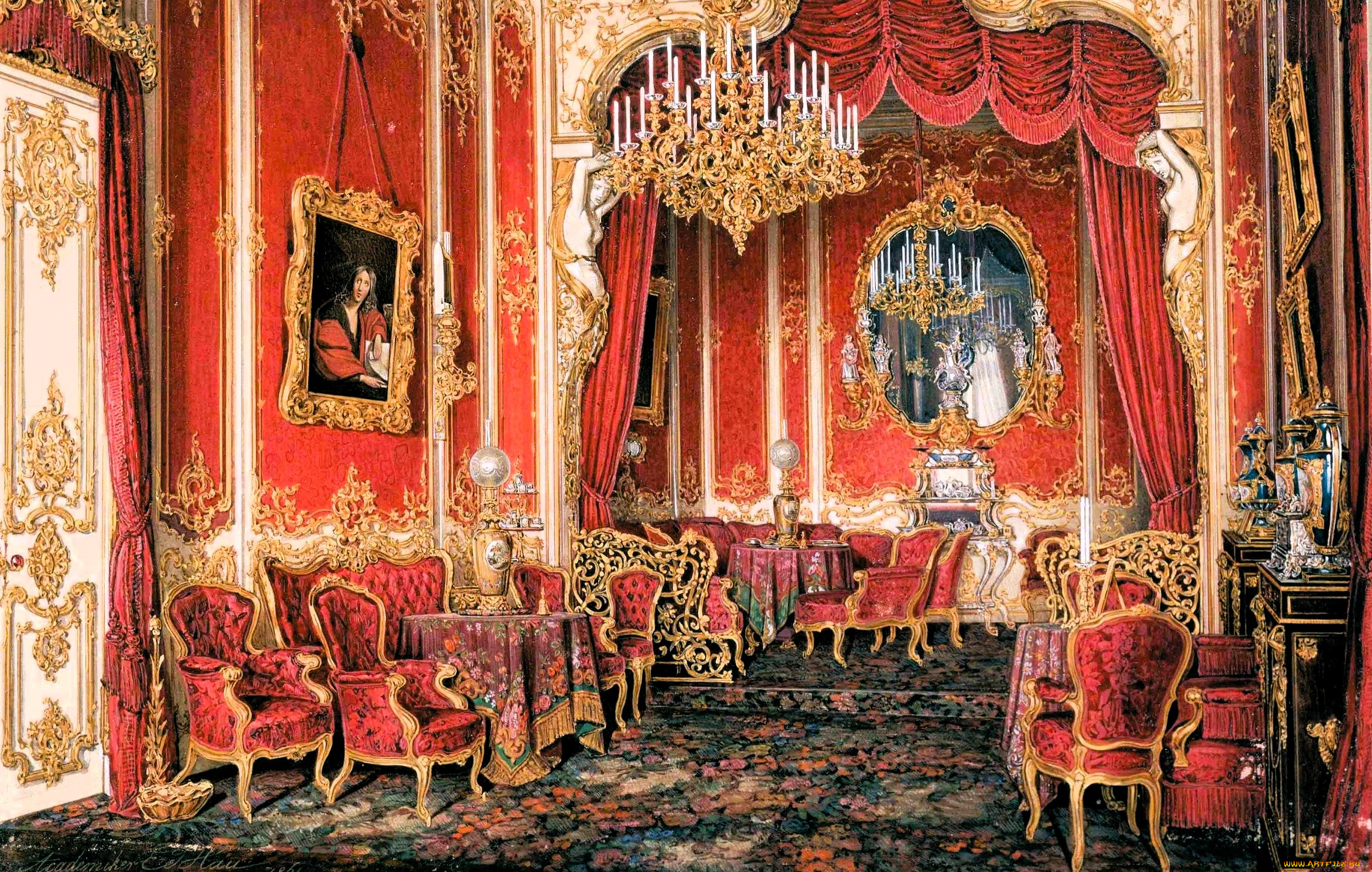 рисованное, эдуард, гау, дворец, интерьер, комната, свод, лепнина, люстра, стулья, столы, ковер, картины, свечи, шторы