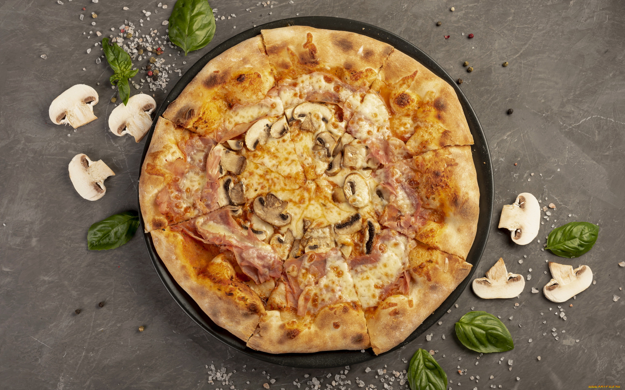 еда, пицца, базилик, грибы, шампиньоны, ветчина