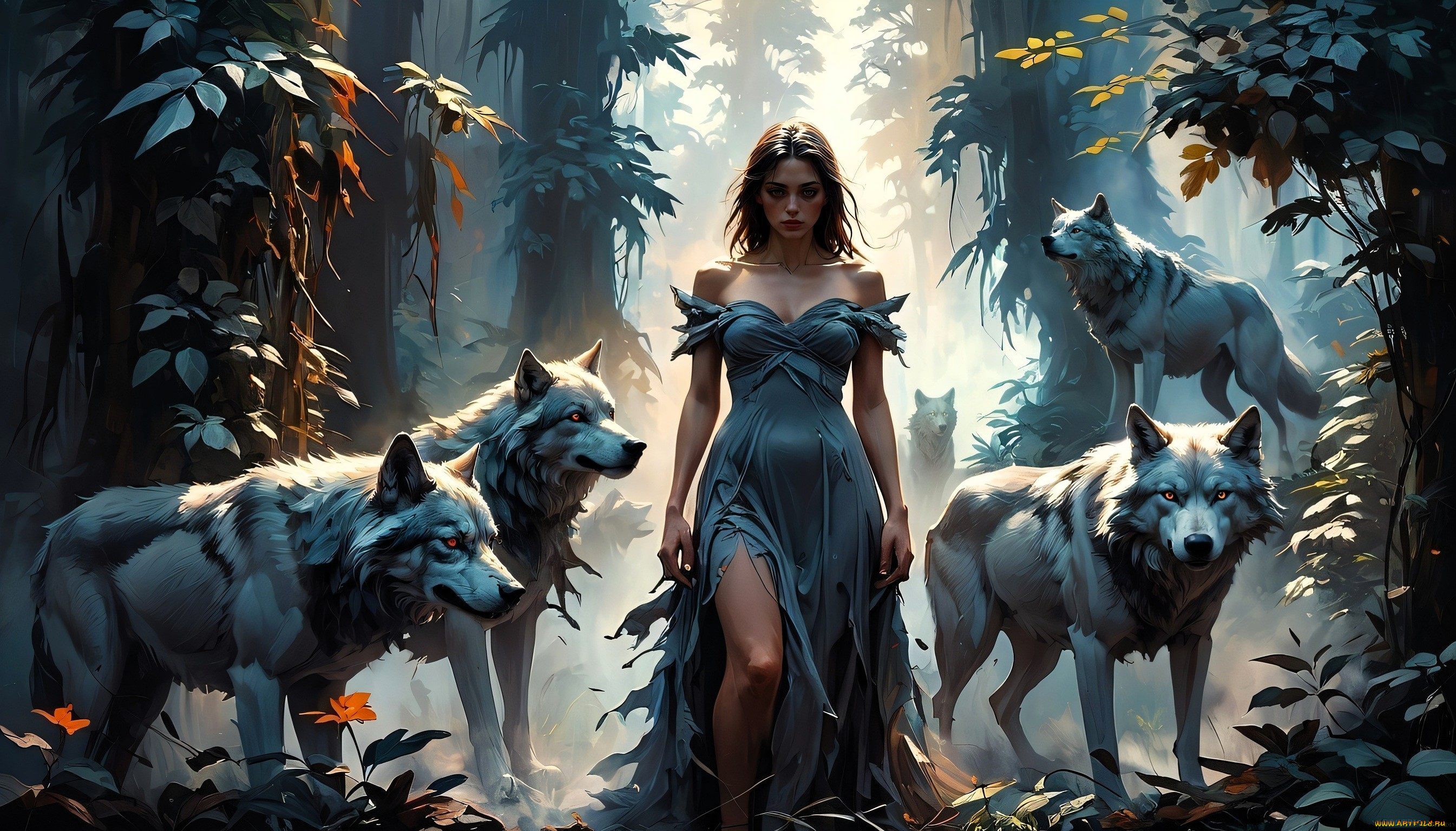 фэнтези, красавицы, и, чудовища, девушка, платье, волки, лес