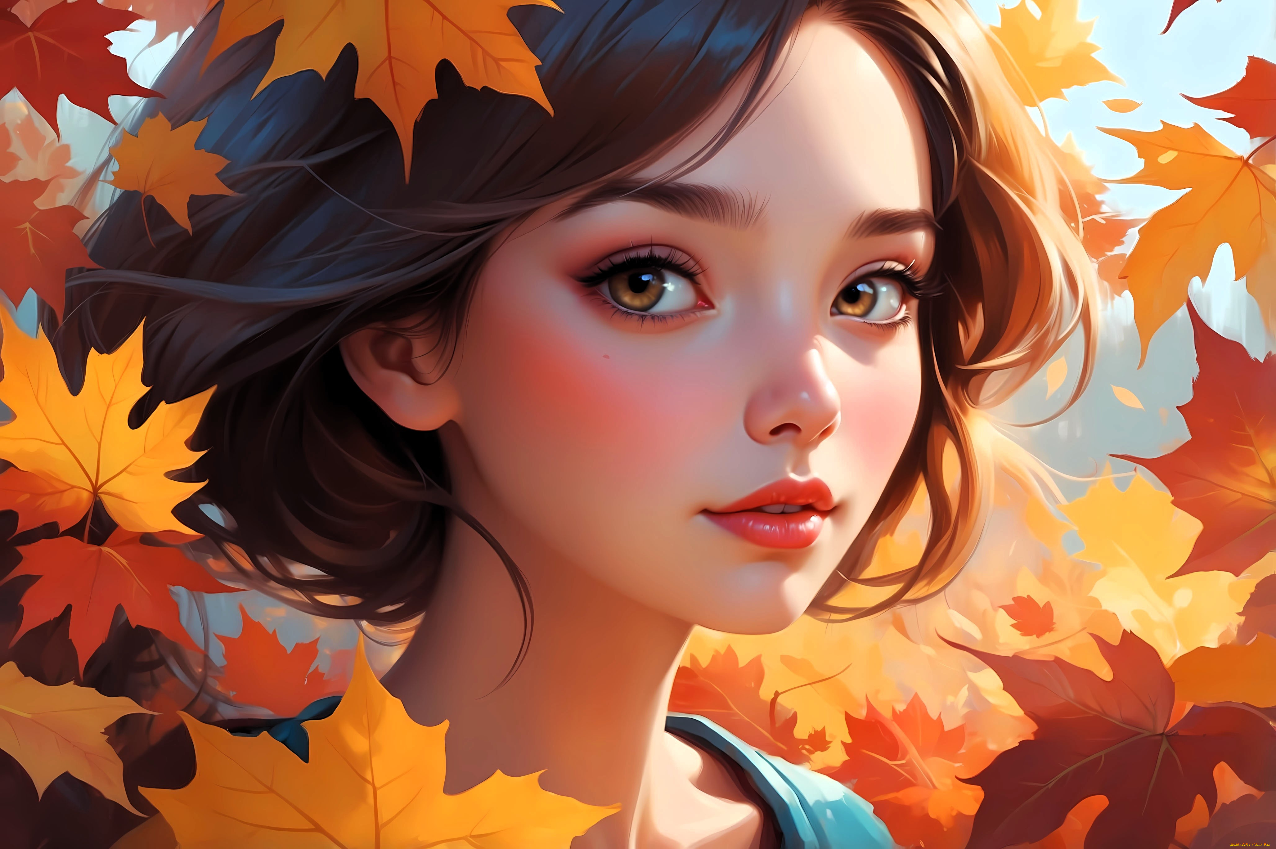 рисованное, люди, девушка, лицо, осень, листья