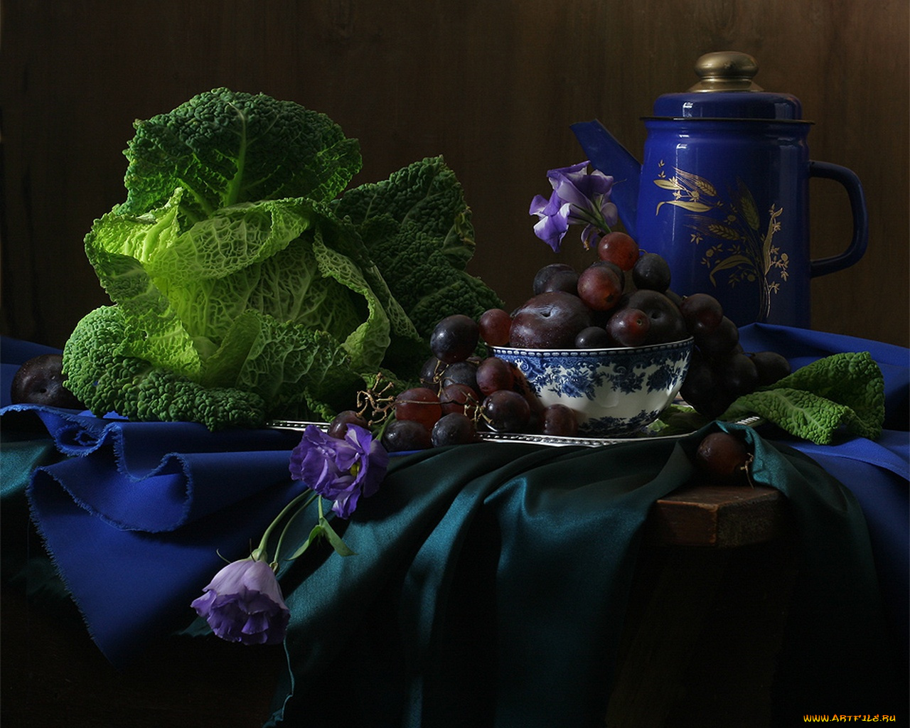 ира, быкова, натюрморт, капустой, синим, кофейником, еда