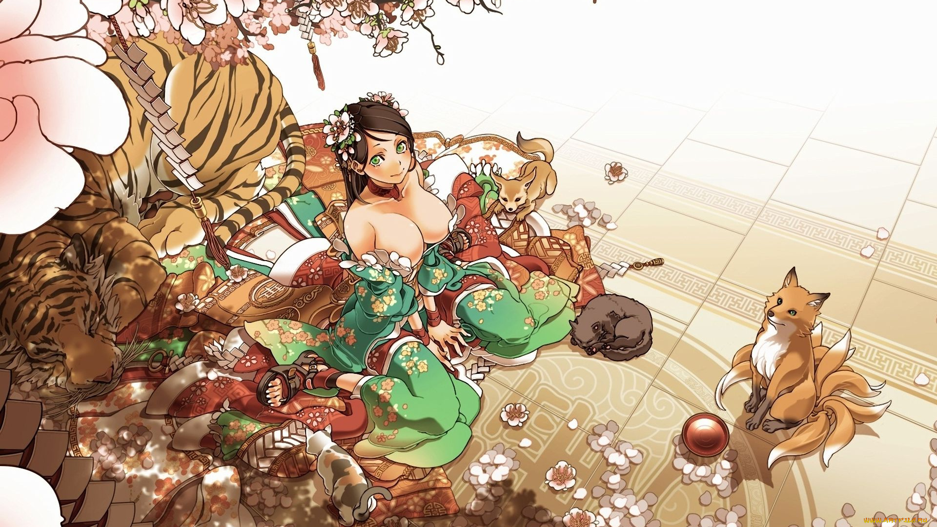 аниме, animals, тигр, лиса, кошки, девочка, сакура