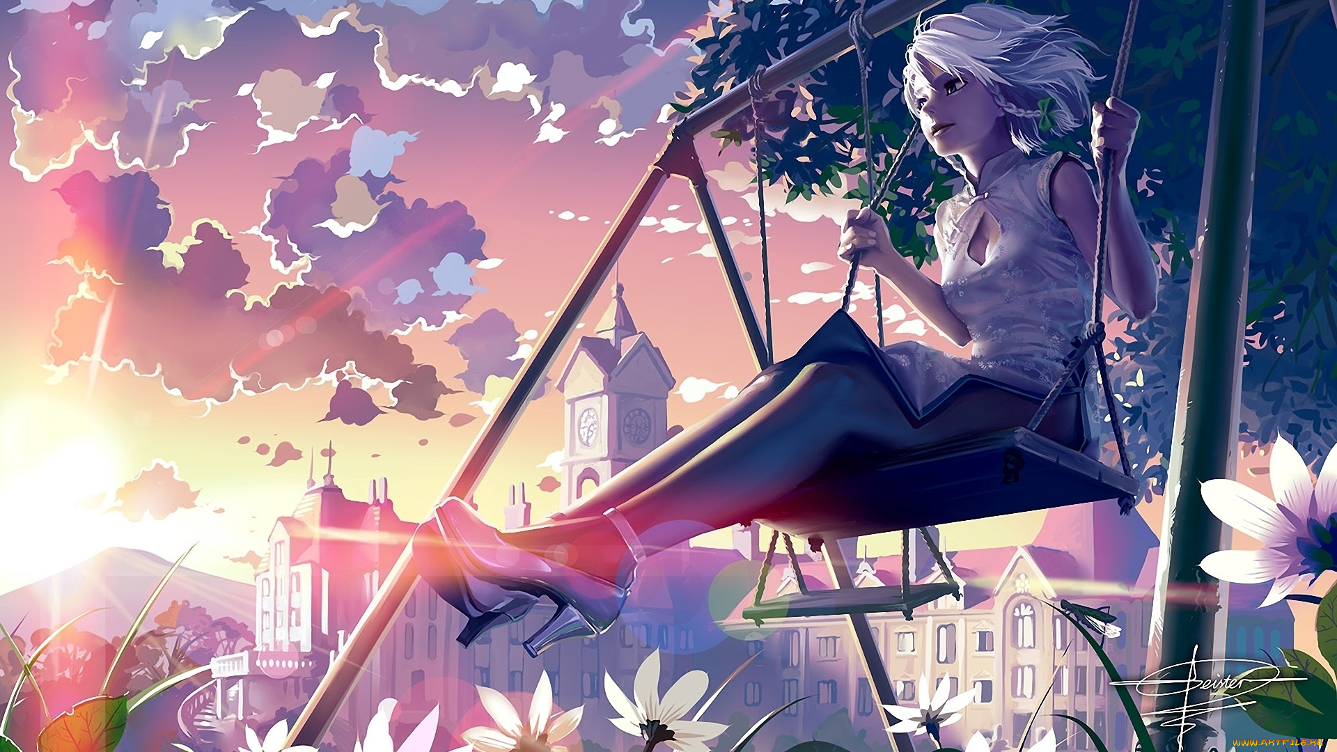 аниме, touhou, девушка, закат, качели, церковь