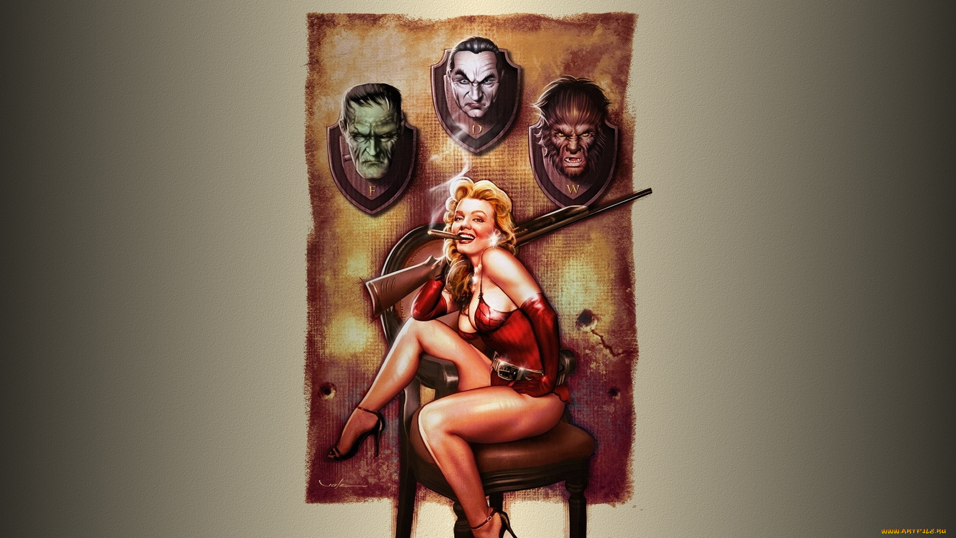 фэнтези, девушки, ружьё, трофеи, дракула, оборотень, франкенштейн