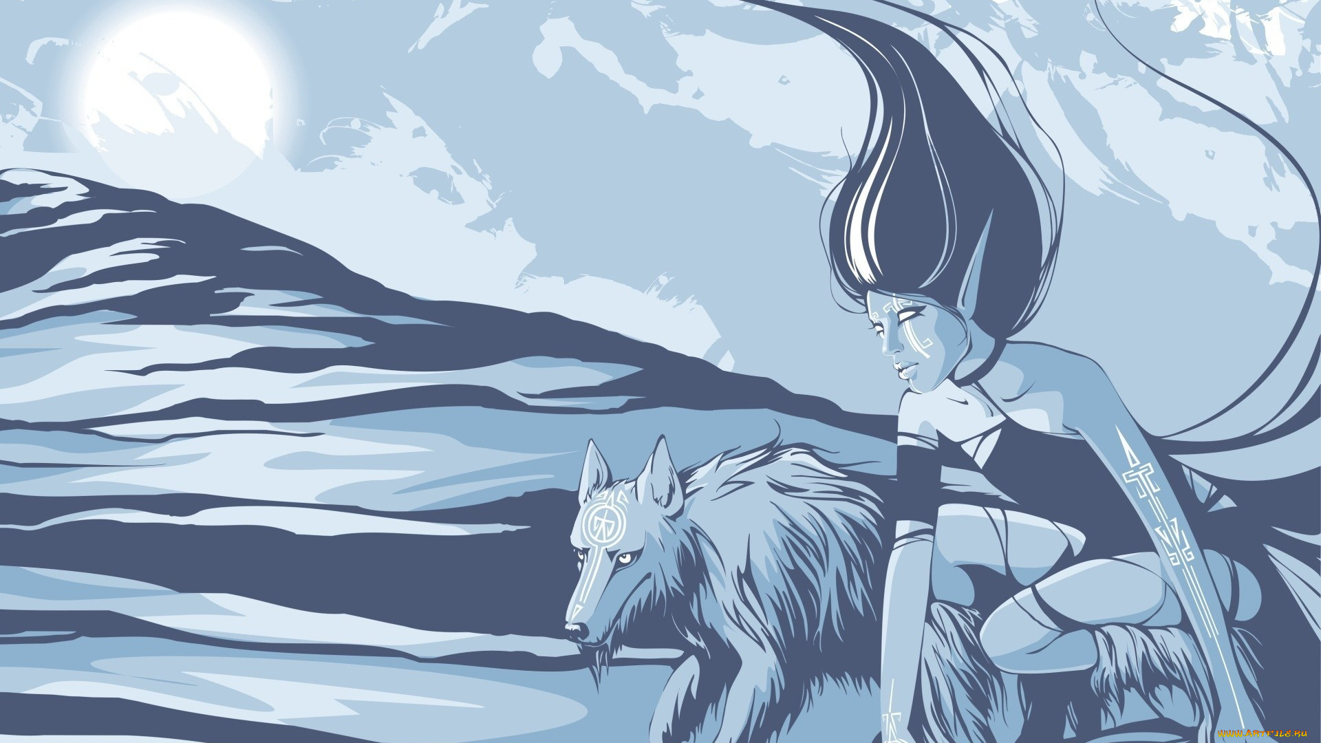 векторная, графика, эльф, волк