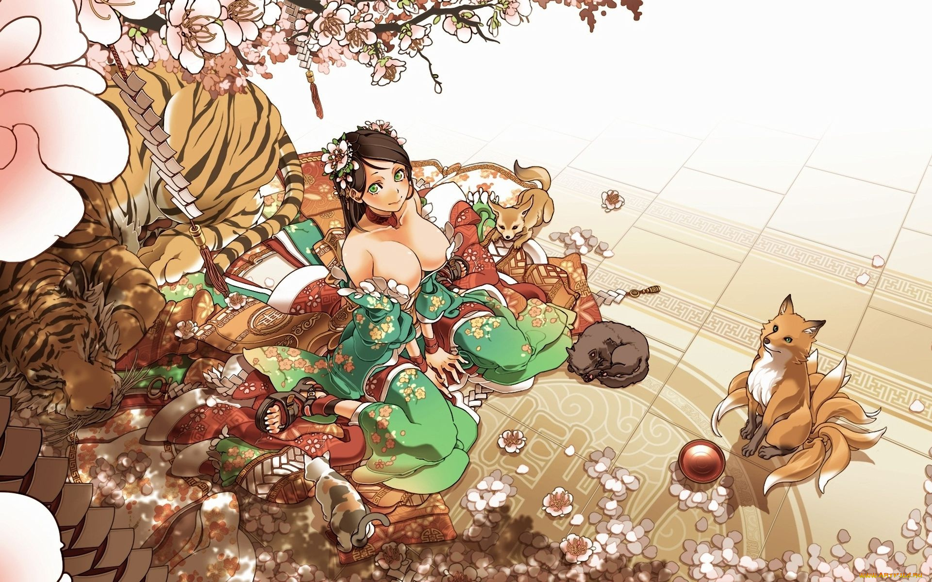 аниме, animals, тигр, лиса, кошки, девочка, сакура