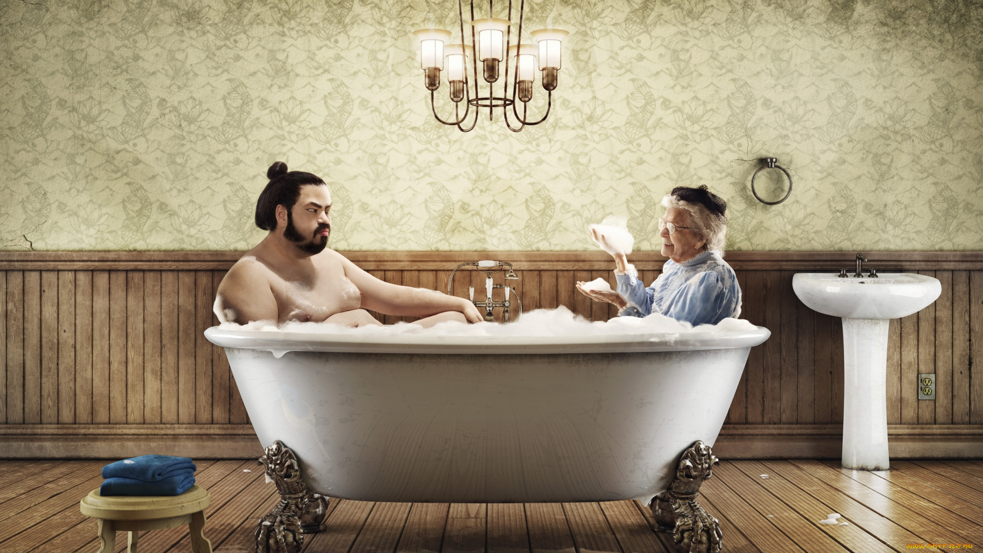 юмор, приколы, ванна, сумоист, бабулька, пена