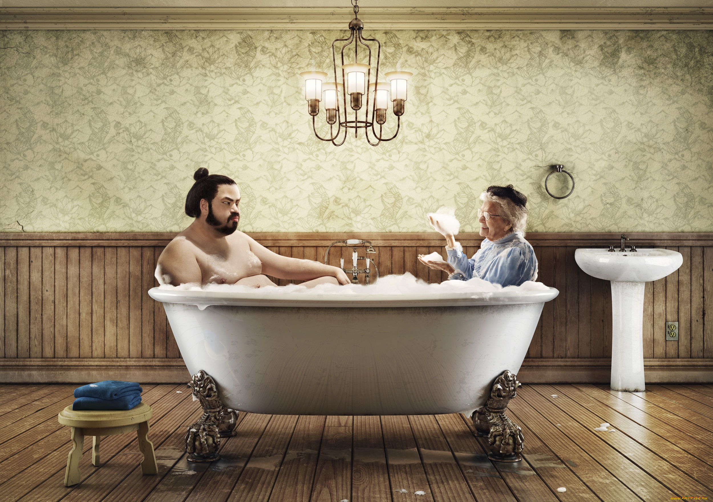 юмор, приколы, ванна, сумоист, бабулька, пена