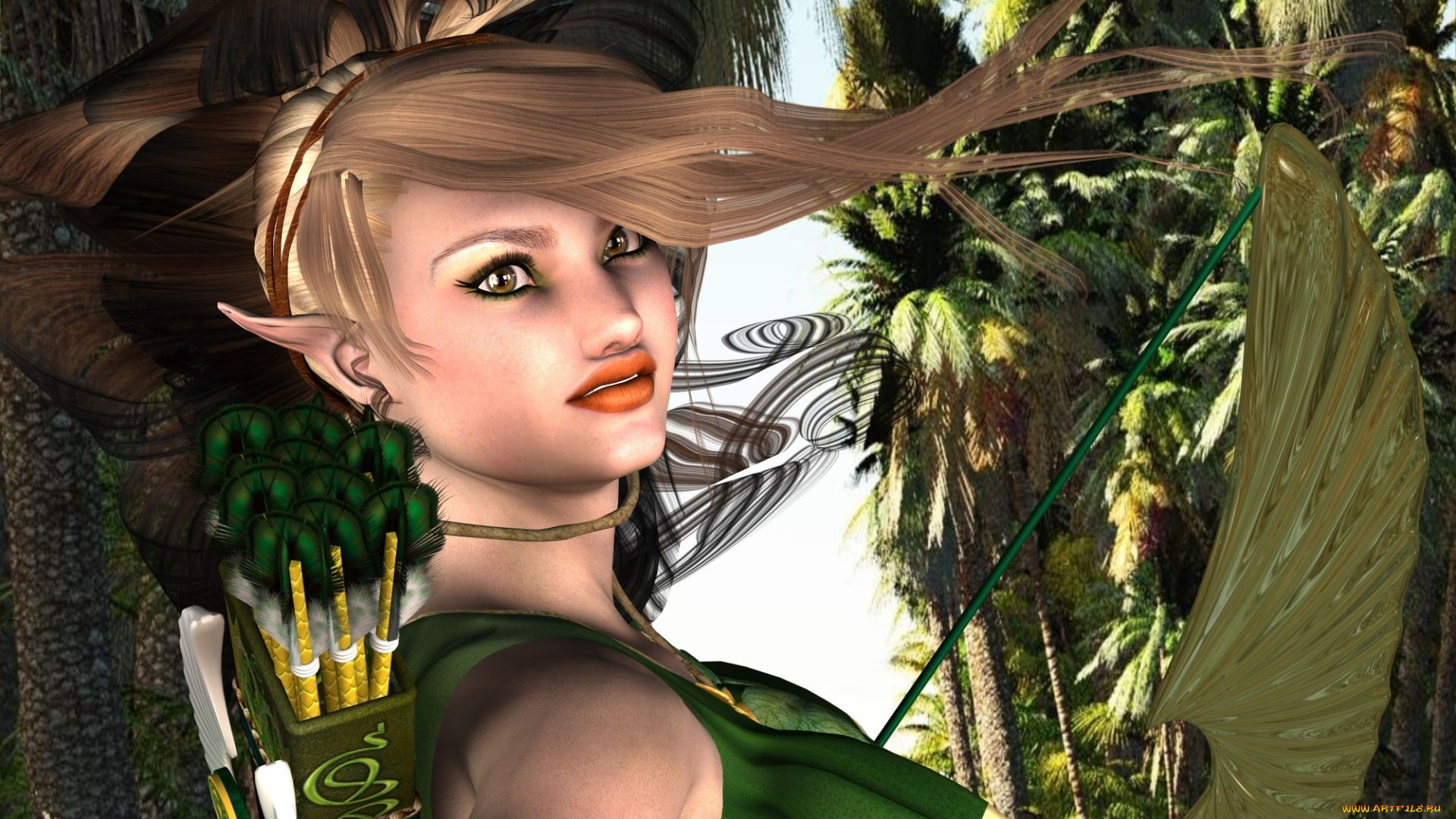 3д, графика, эльфы, , elves, эльфийка, взгляд, лес