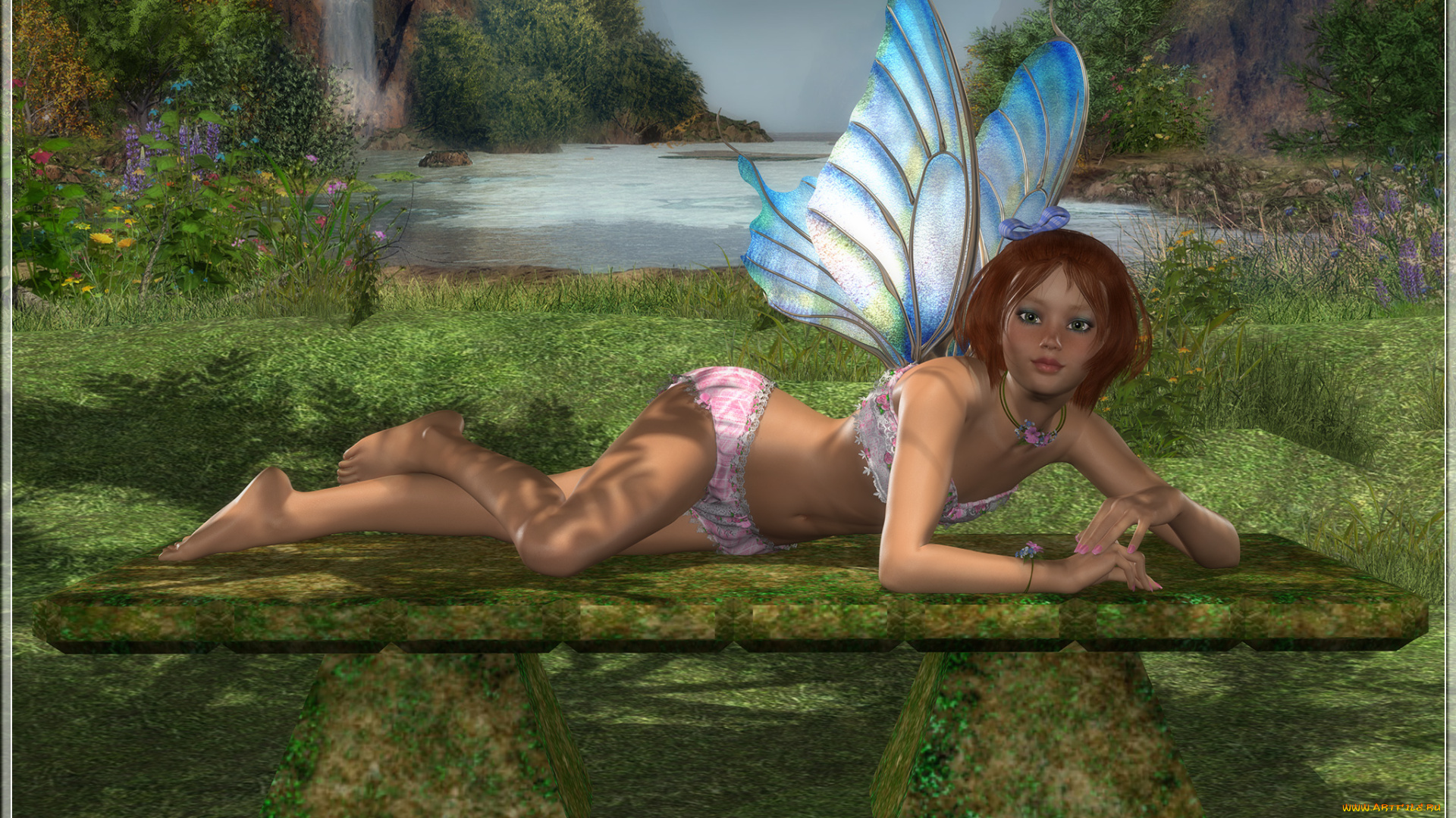 3д, графика, эльфы, , elves, водопад, озеро, цветы, скамейка, трава, фея, взгляд, девушка