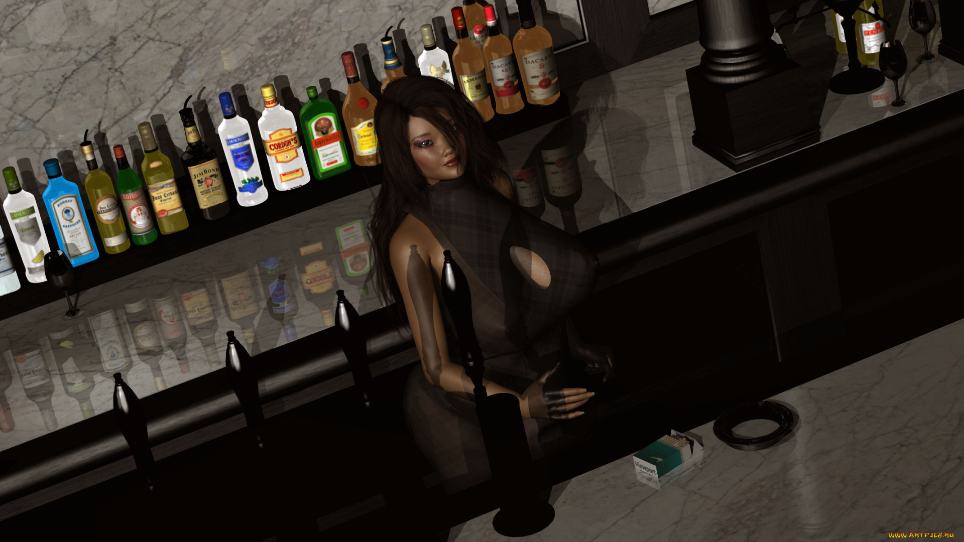 3д, графика, люди, , people, напитки, сигареты, взгляд, девушка