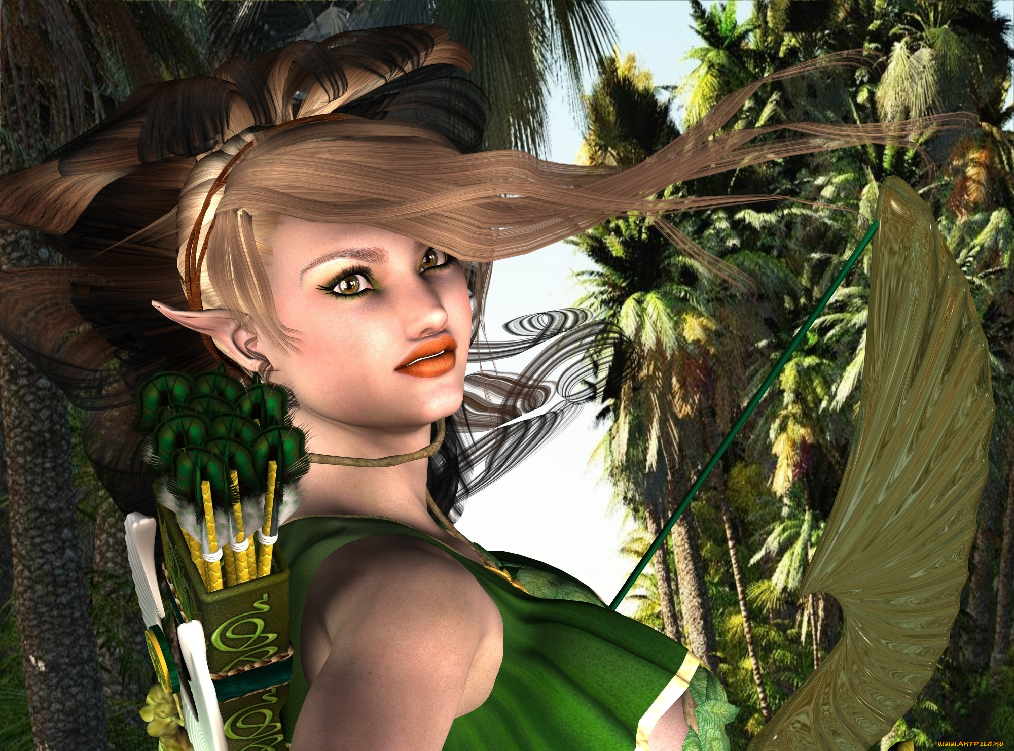 3д, графика, эльфы, , elves, эльфийка, взгляд, лес