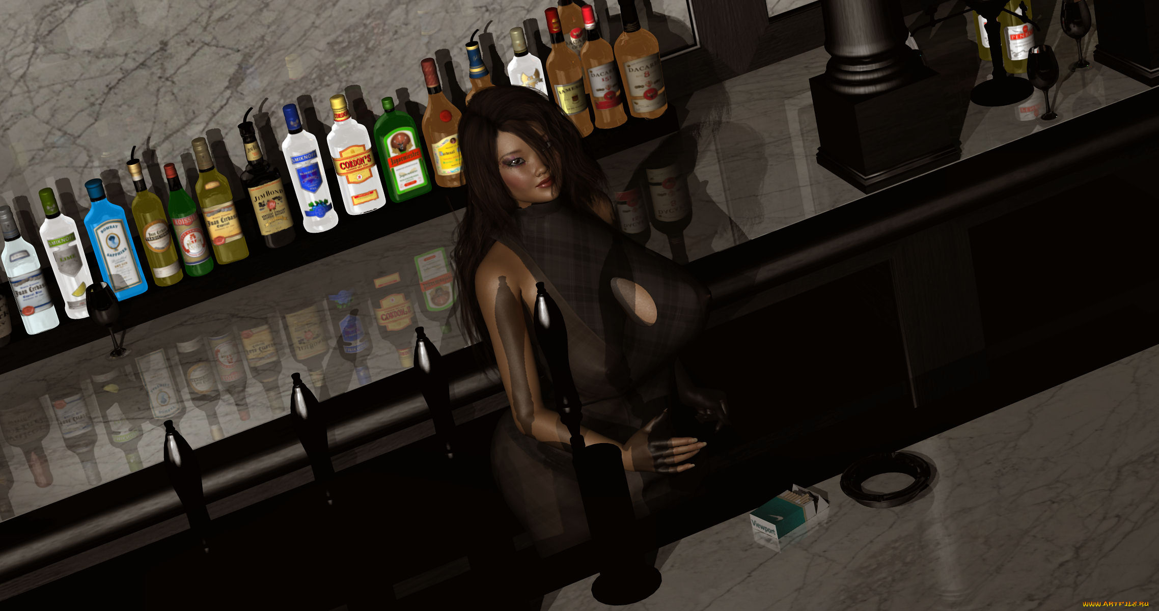 3д, графика, люди, , people, напитки, сигареты, взгляд, девушка