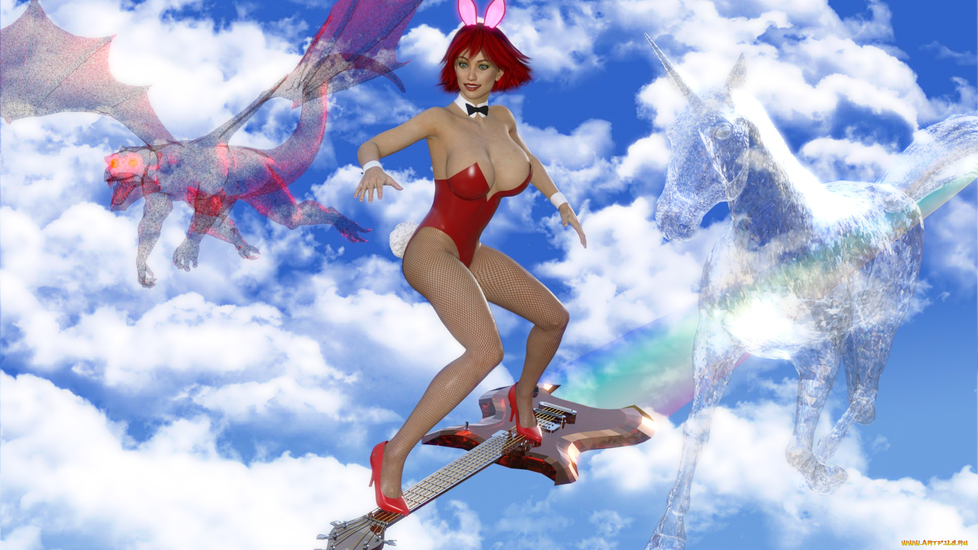 3д, графика, фантазия, , fantasy, взгляд, девушка, драконы, облака, гитара, полет, фон