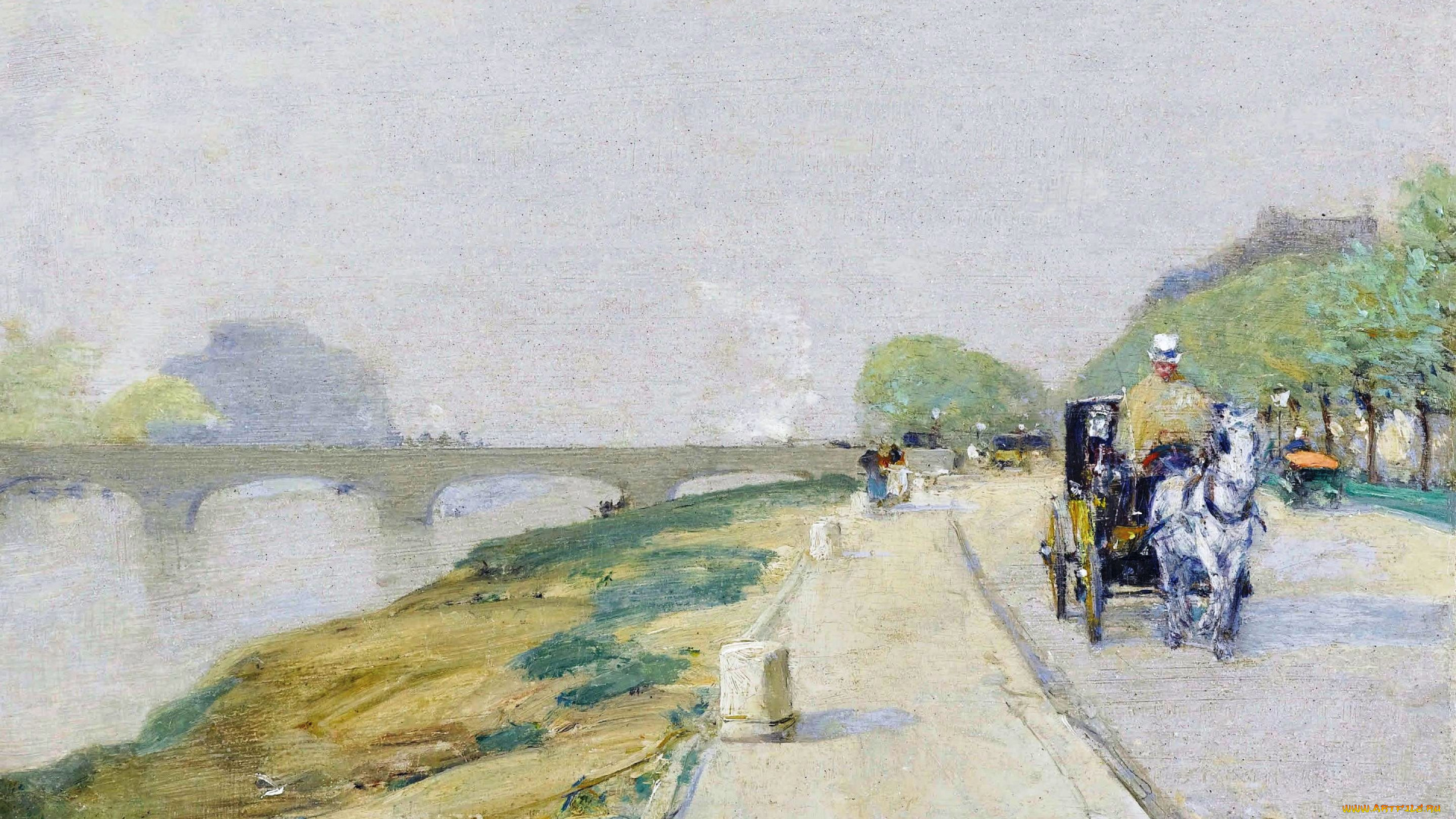 banks, of, the, seine, рисованное, frederick, childe, hassam, экипаж, сена, мост, река, дорога