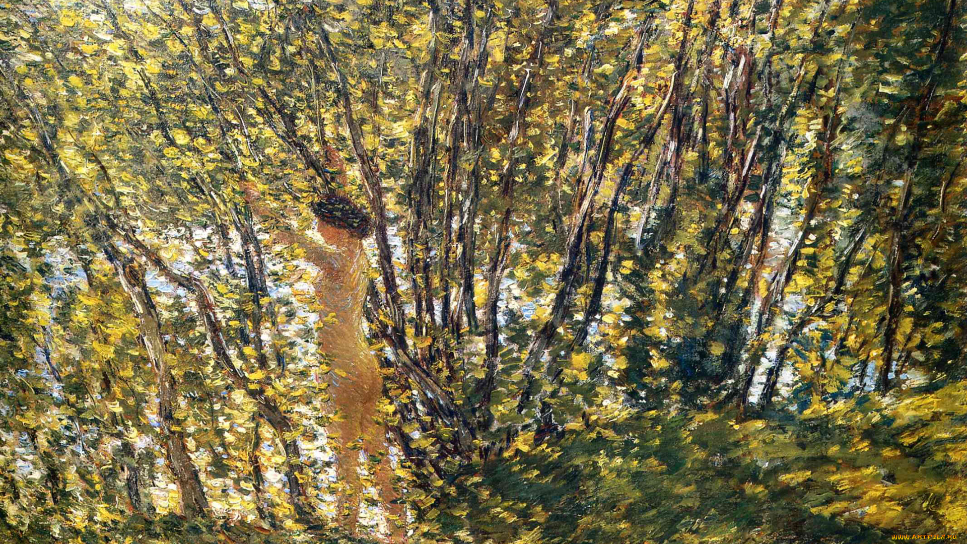 nude, in, the, sunlilt, wood, рисованное, frederick, childe, hassam, река, берег, деревья, лес, девушка