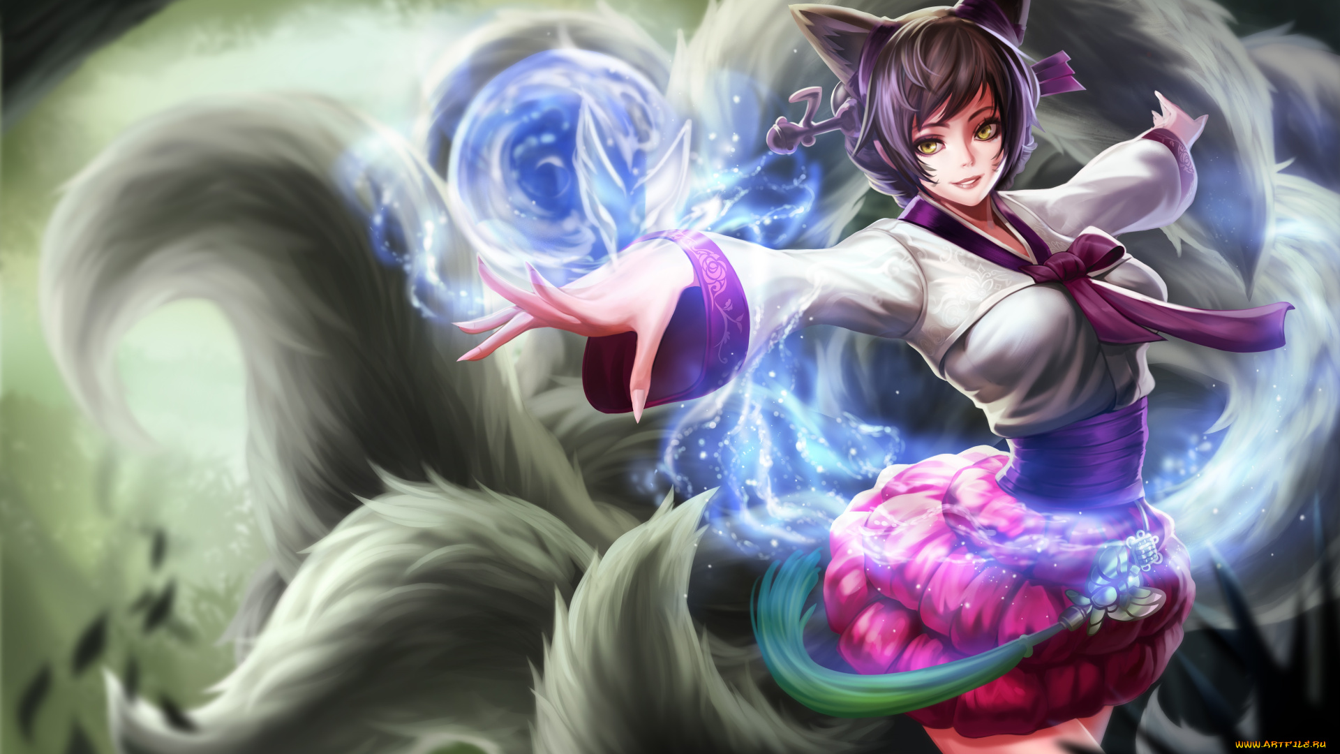 видео, игры, league, of, legends, ahri, league, of, legends, хвосты, ушки, девушка, магия, арт, goomrrat