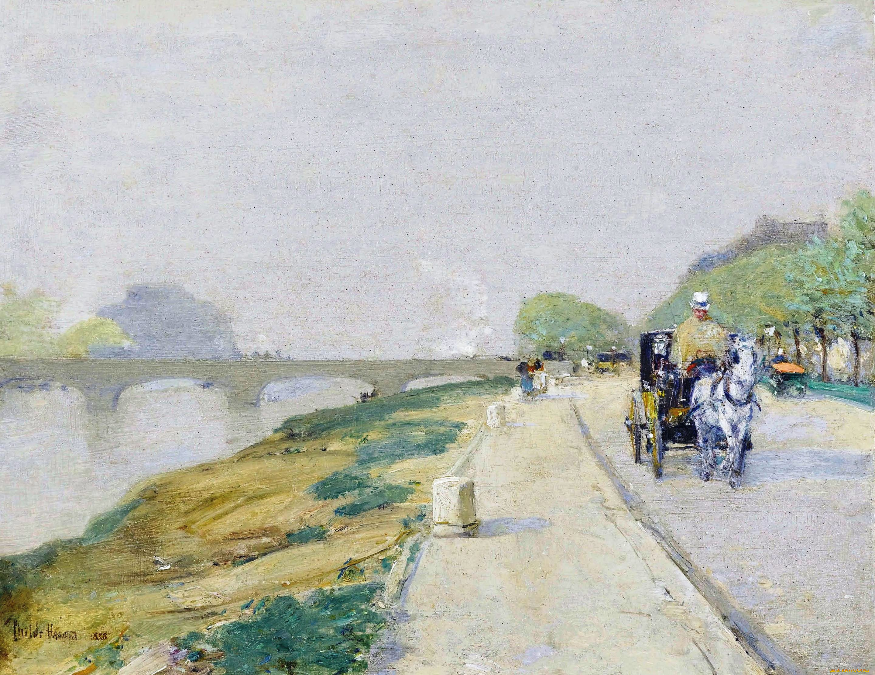 banks, of, the, seine, рисованное, frederick, childe, hassam, экипаж, сена, мост, река, дорога