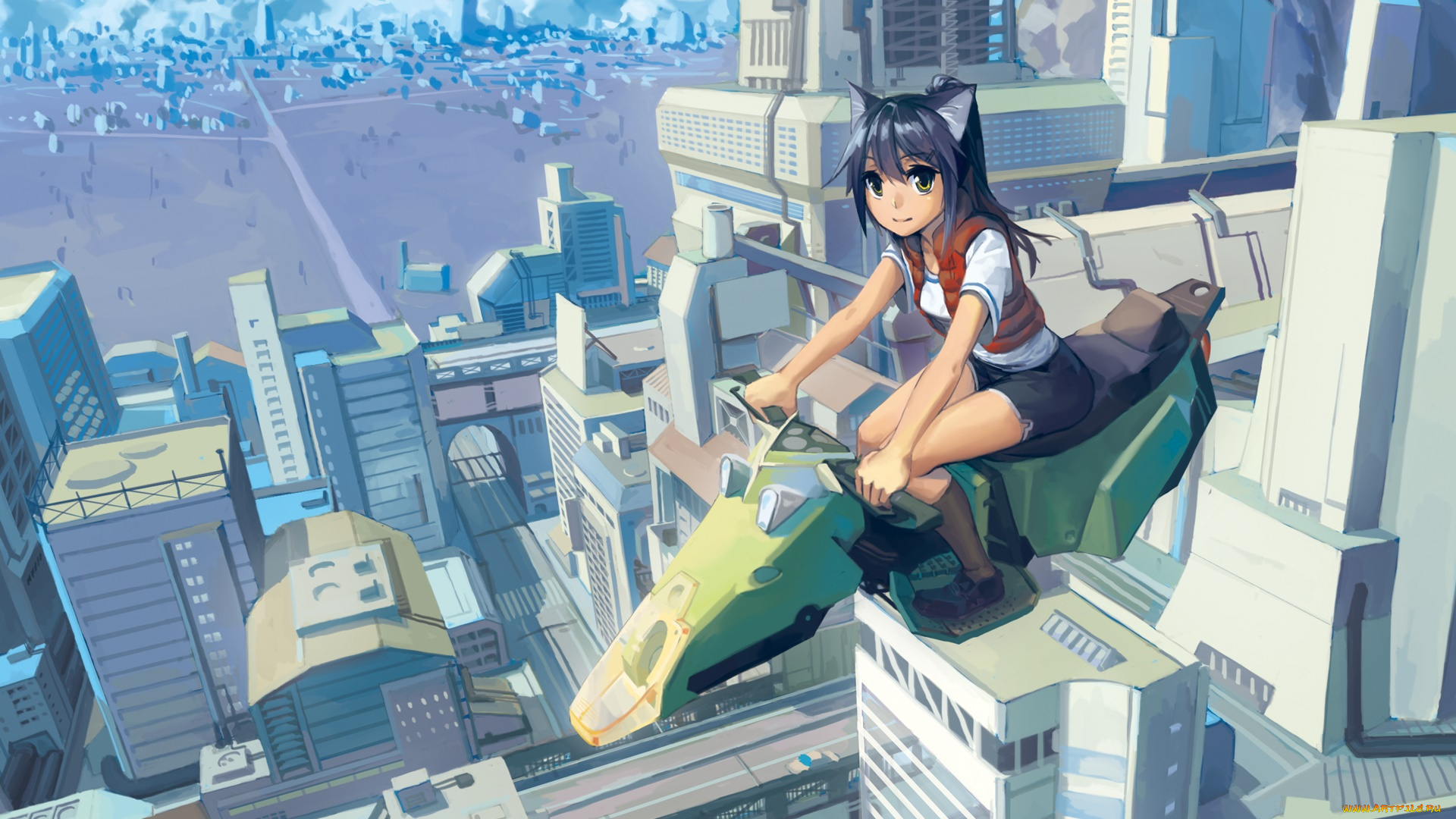 аниме, город, , улицы, , здания, фон, взгляд, девушка