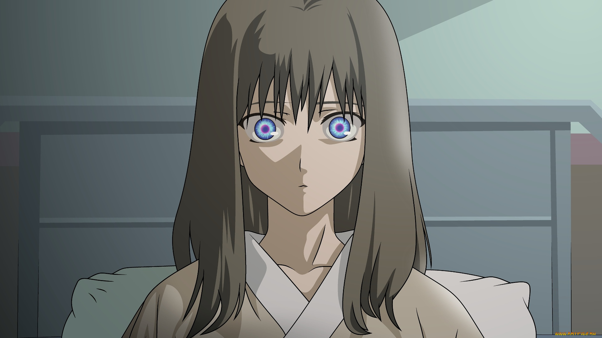 аниме, kara, no, kyokai, девушка, взгляд, фон