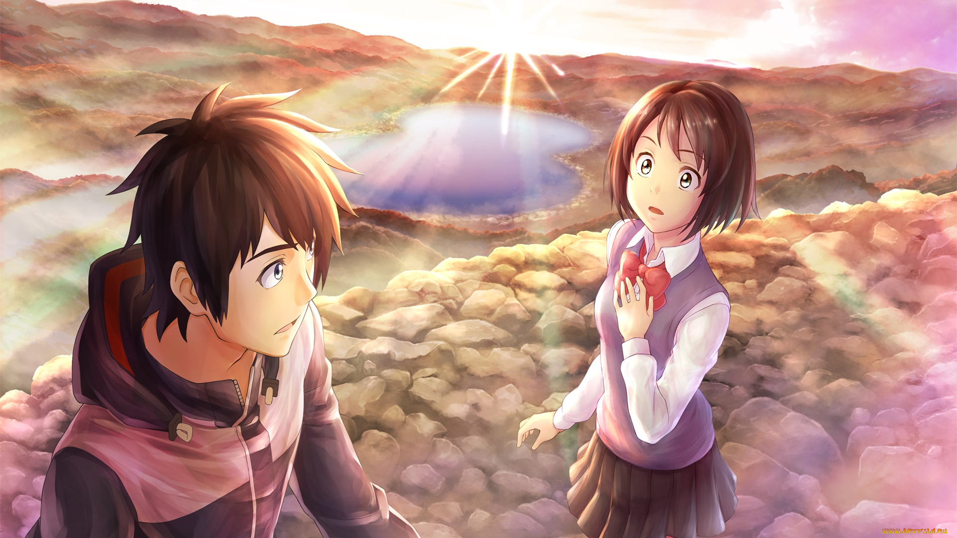 аниме, kimi, no, na, wa, взгляд, девушка, парень, фон