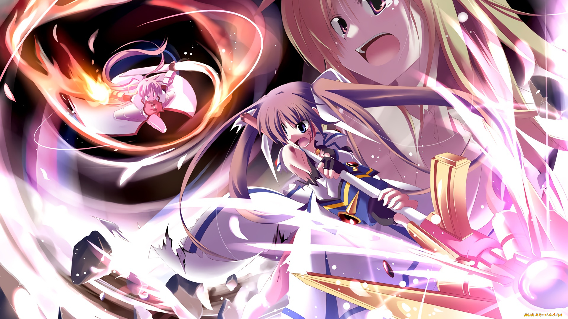 аниме, mahou, shoujo, lyrical, nanoha, взгляд, девушки, фон