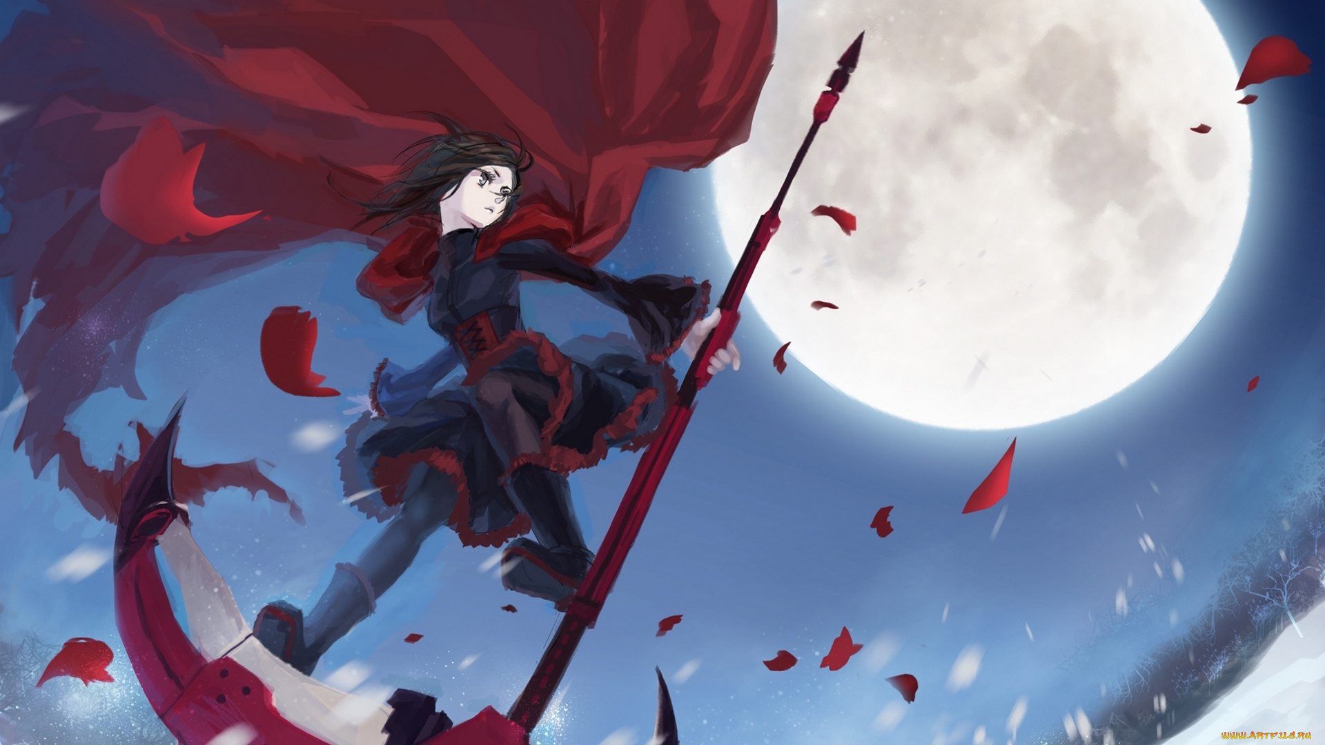 аниме, оружие, , техника, , технологии, снег, арт, плащ, ruby, деревья, rwby, луна, лепестки, девушка, mizukai, коса