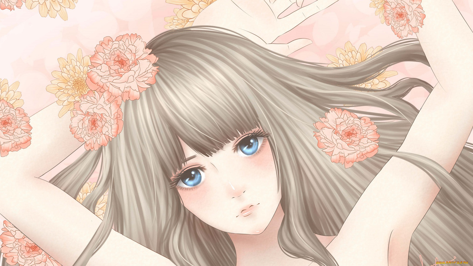 аниме, unknown, , другое, голубые, глаза, девушка, лицо, руки, цветы