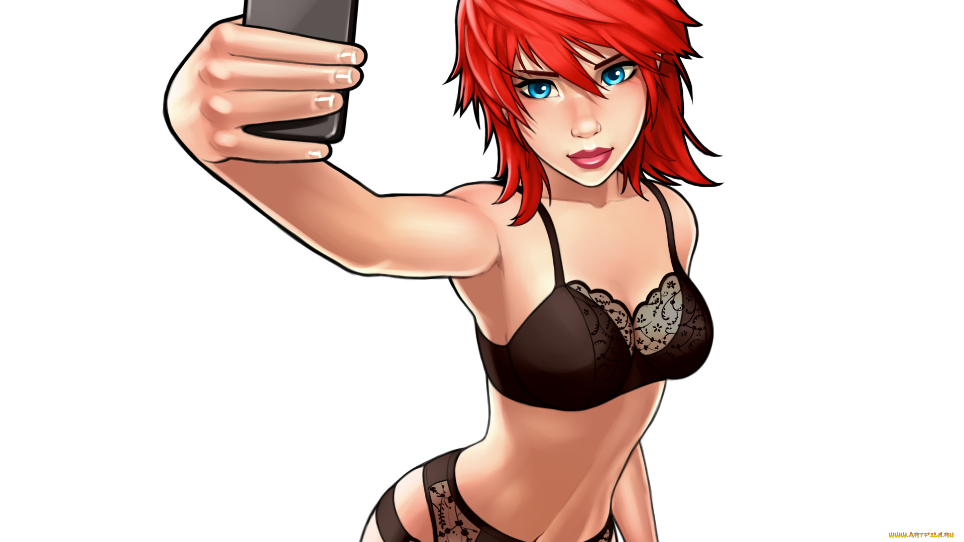 аниме, unknown, , другое, selfie, белье, чулки, телефон, грудь, арт, рыжая, красота, девушка, попа
