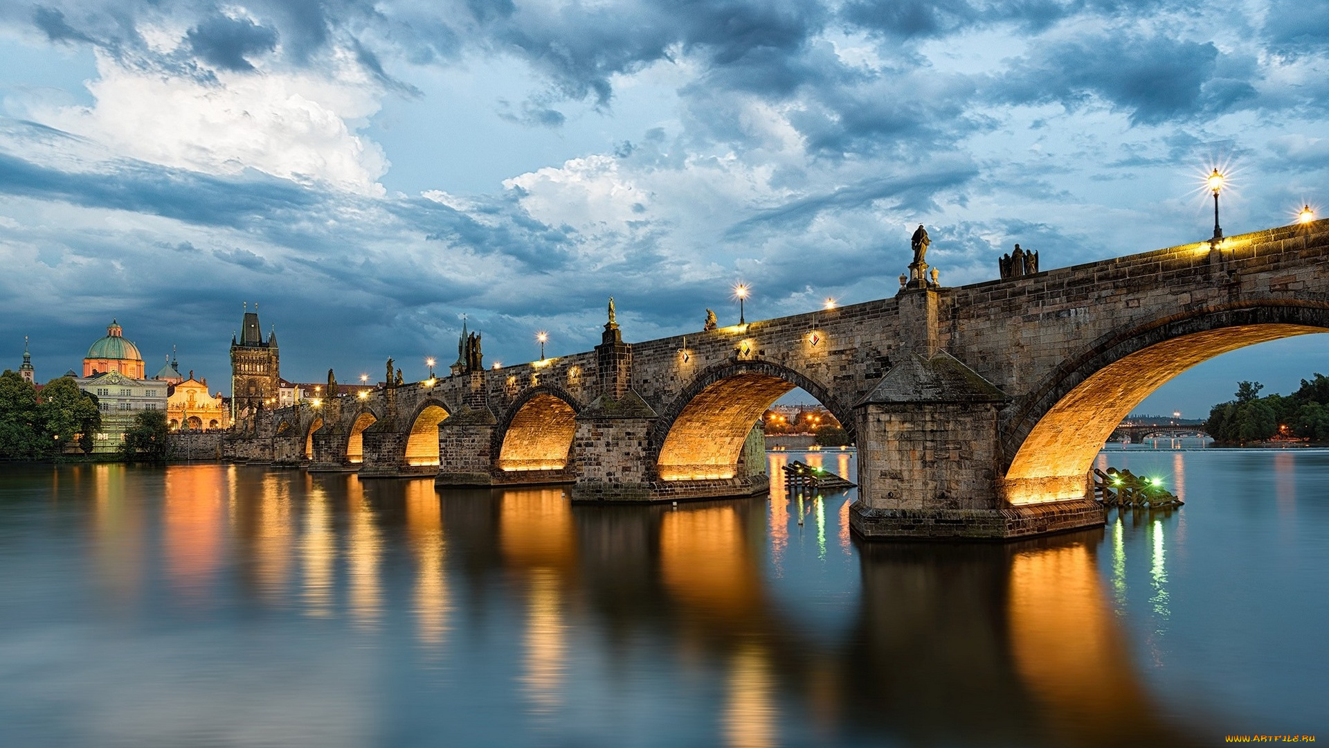 города, прага, , Чехия, облака, вечер, река, мост, огни
