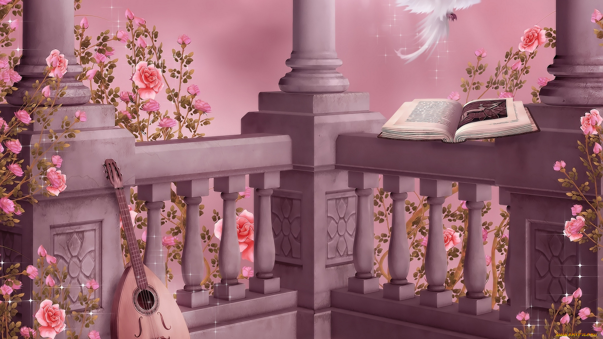 рисованное, животные, garlands, колонны, книга, columns, лютня, розы, pigeon, flowers, цветы, dove, музыка, rose, garden, розовый, сад, гирлянды, lute, book, music, roses, голубь