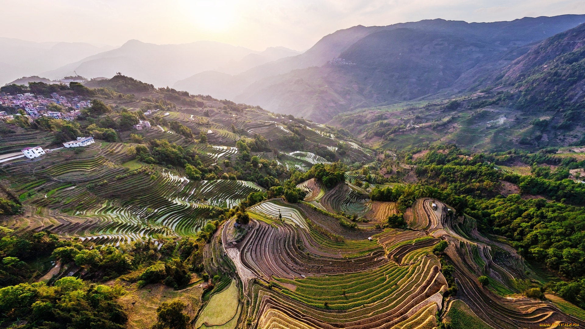 юньнань, , китай, природа, горы, уступы, поля, панорама