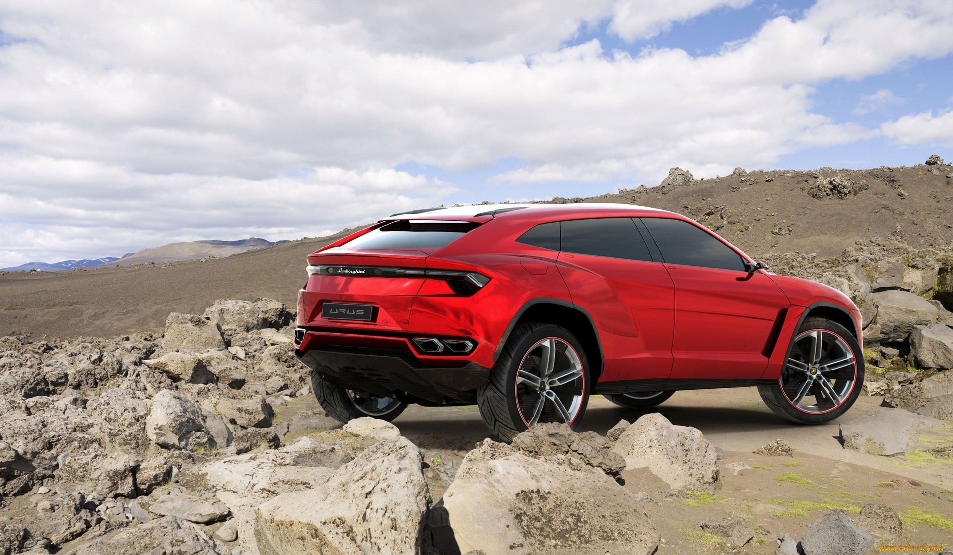 автомобили, lamborghini, urus, облака, ламборгини, камни, красный