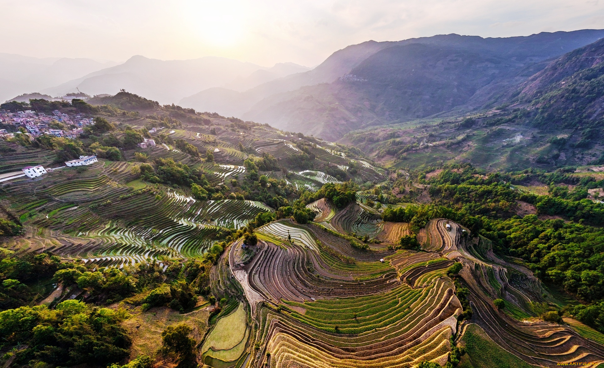 юньнань, , китай, природа, горы, уступы, поля, панорама