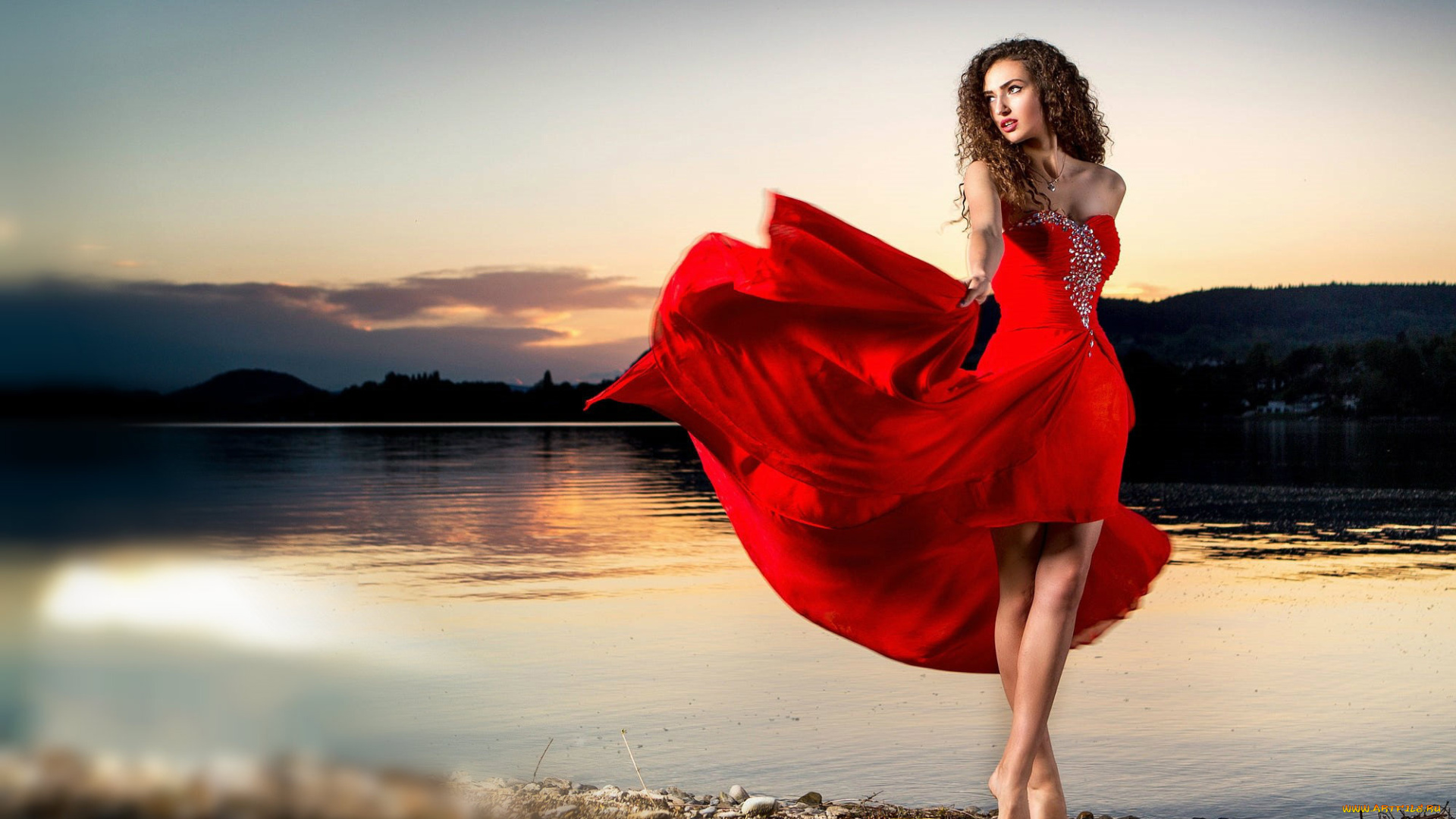 девушки, -unsort, , брюнетки, темноволосые, девушка, в, красном, красное, платье