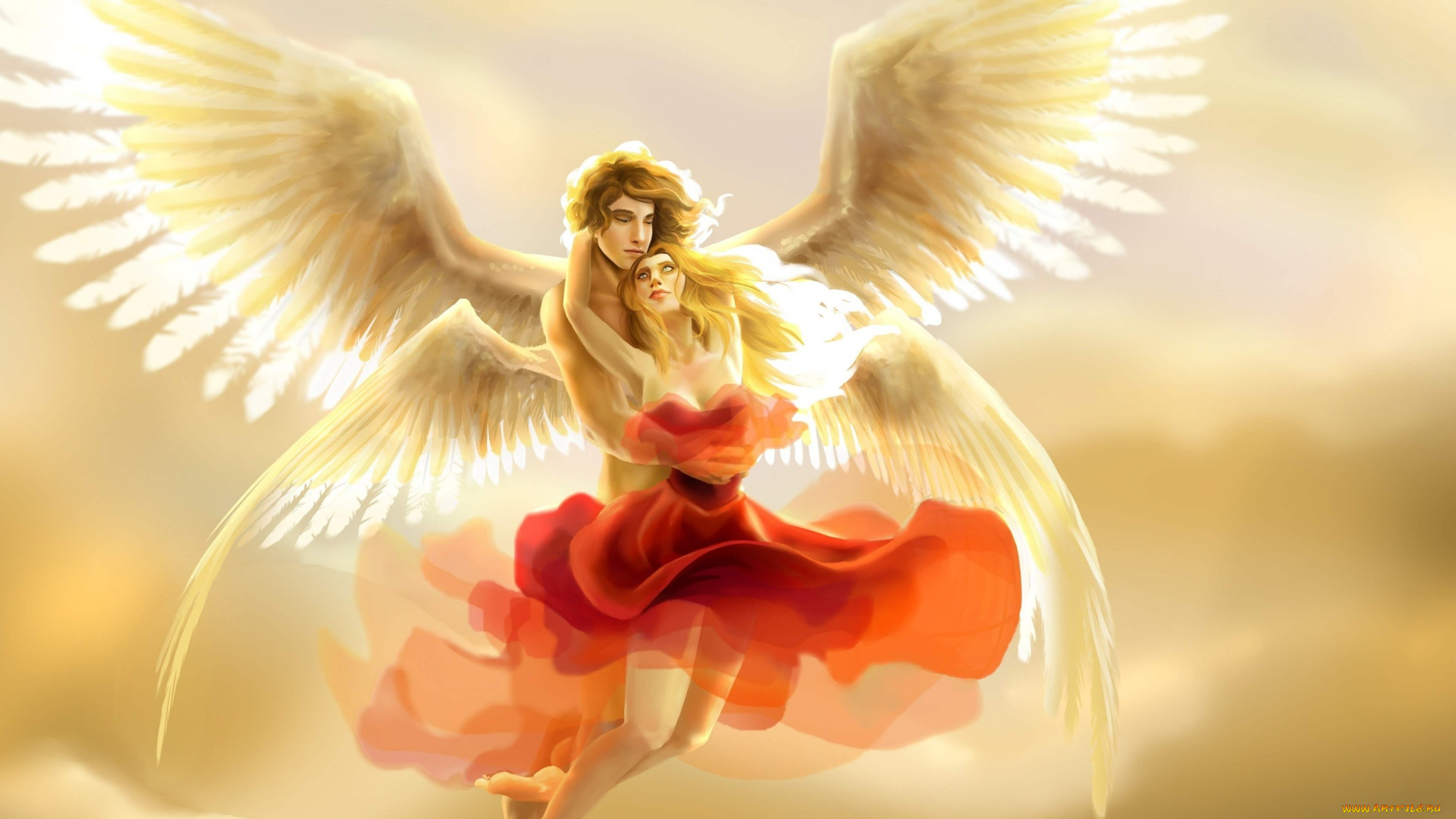 фэнтези, ангелы, влюбленная, пара, ангелов, в, небе