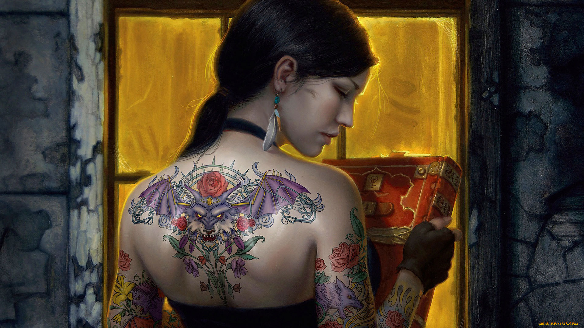 фэнтези, девушки, книга, монстры, тату, окно, перчатки, девушка