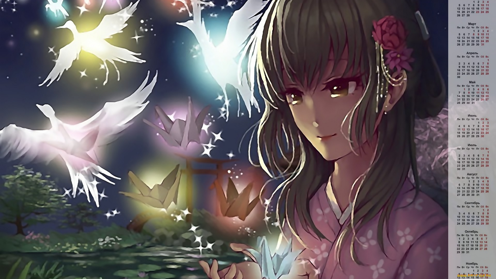календари, аниме, девушка, природа, птица
