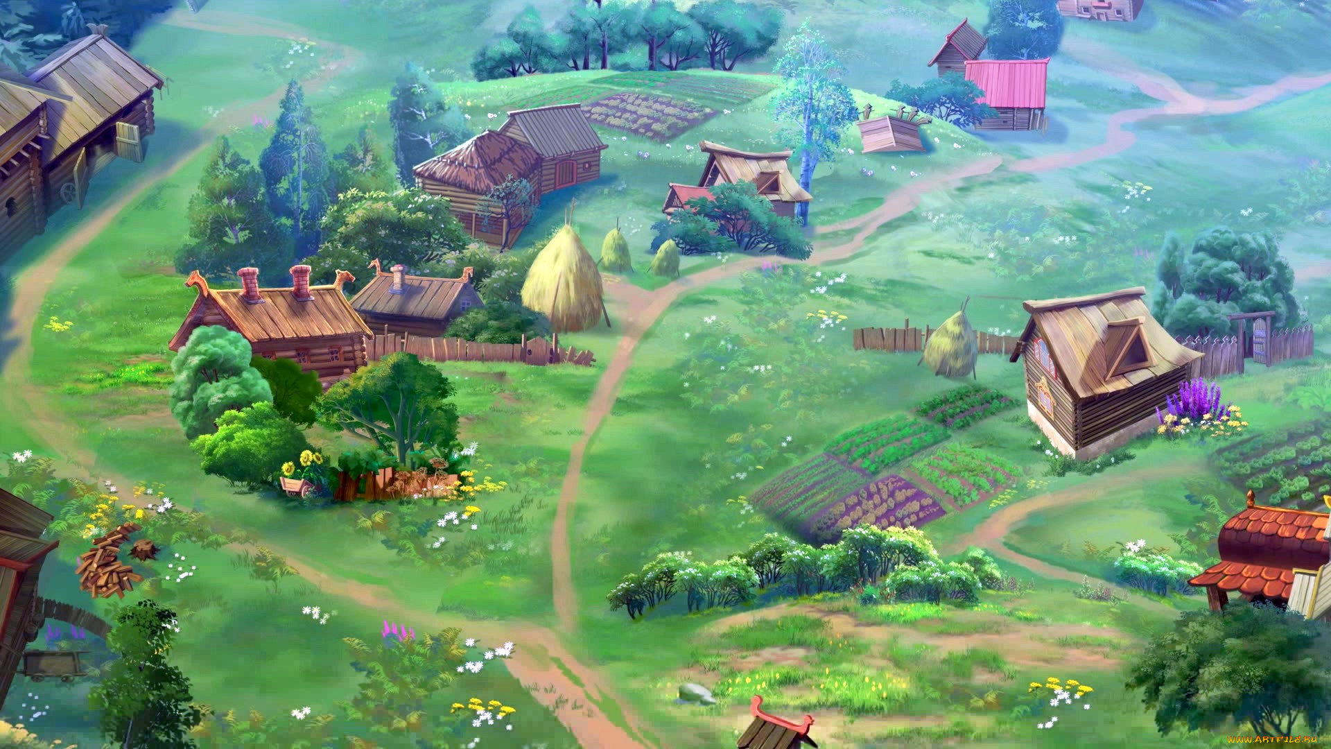 рисованное, города, изба, дорога, стог, растения