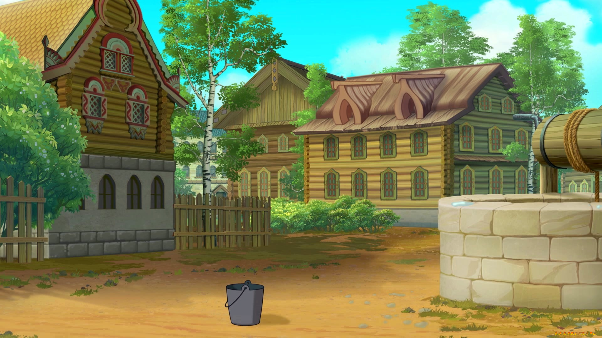 рисованное, города, изба, ведро, колодец, забор