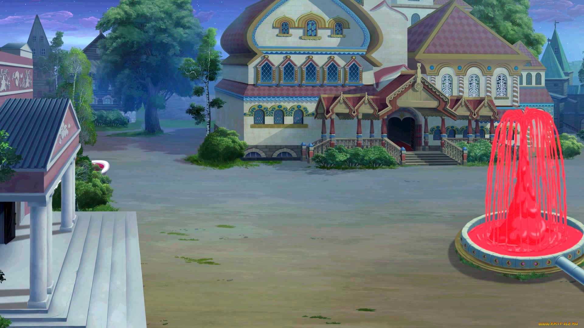 рисованное, города, улица, фонтан, здание