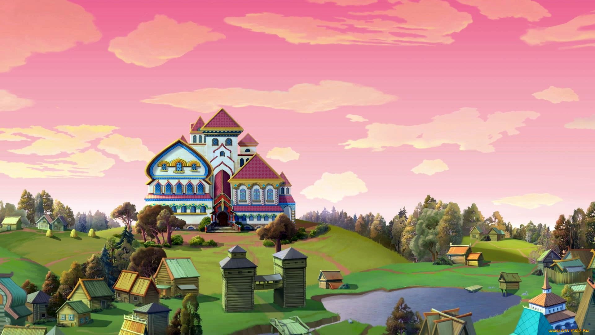 рисованное, города, водоем, природа, дом, дворец