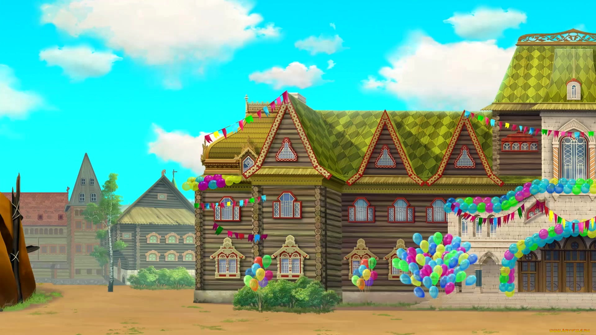 рисованное, города, воздушный, шар, изба