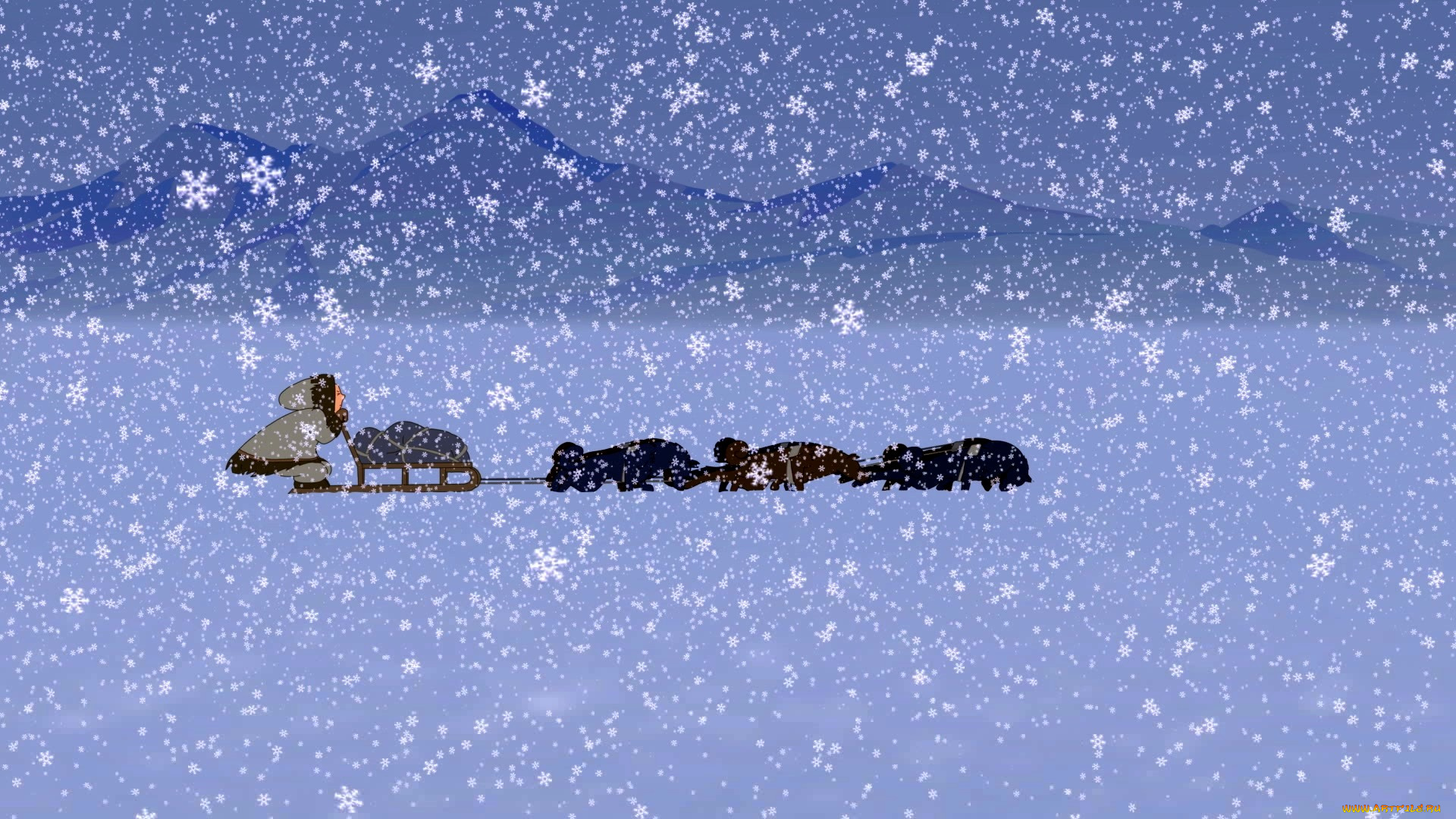 рисованное, люди, собака, человек, снег, гора, снежинка