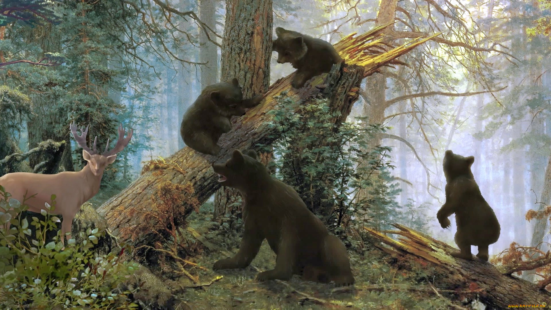 рисованное, живопись, растения, олень, деревья, лесоповал, медведь