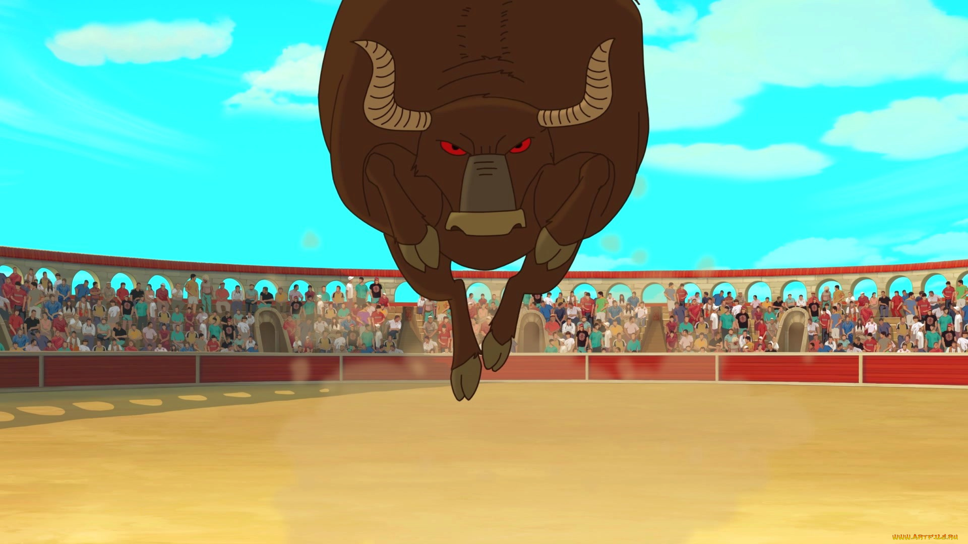 векторная, графика, мультфильмы, , cartoons, бык, арена, бег, люди