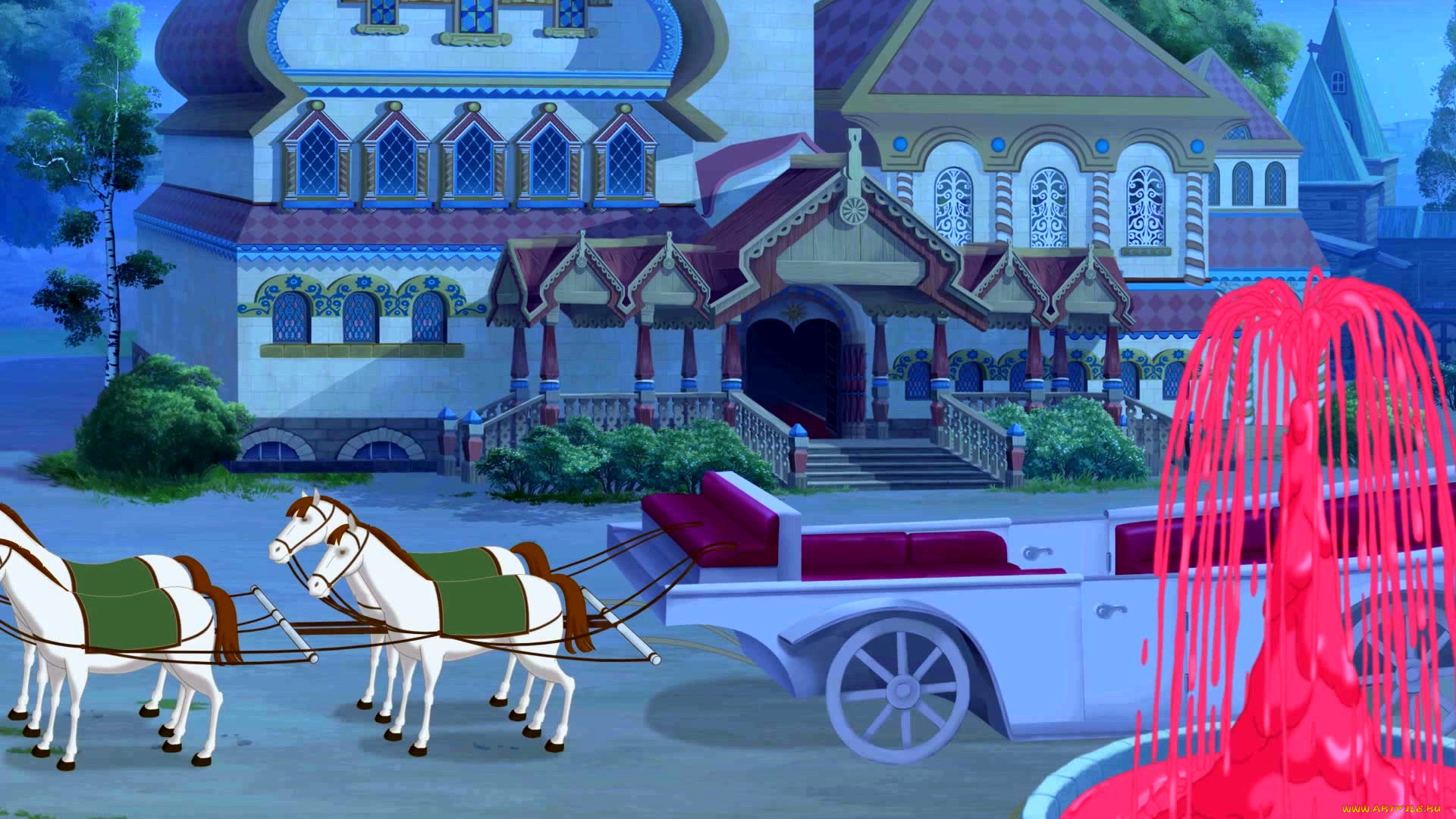 векторная, графика, мультфильмы, , cartoons, фонтан, карета, дом, лошадь