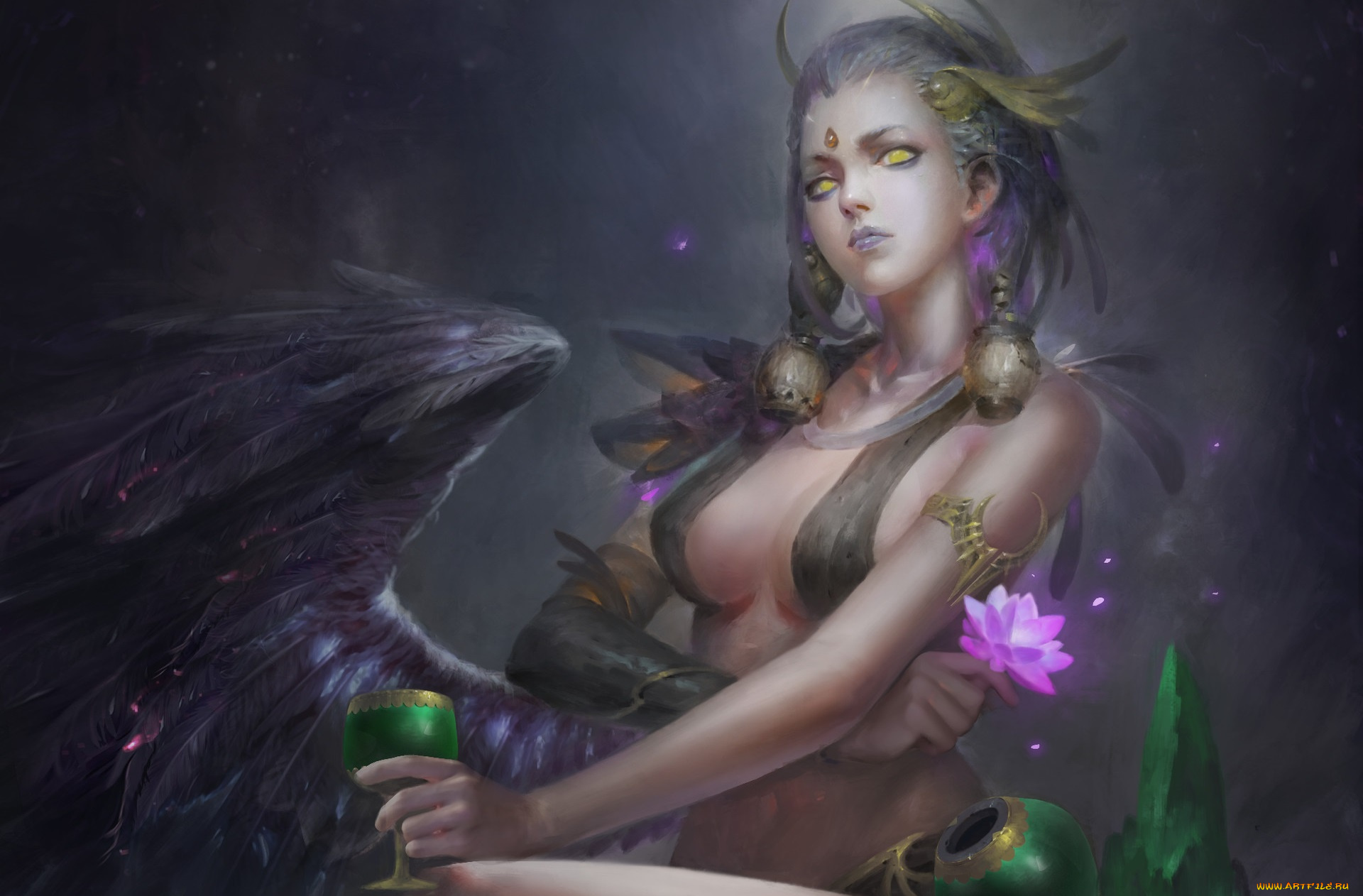 фэнтези, ангелы, тишина, ночь, fantasy, девушка, лотос