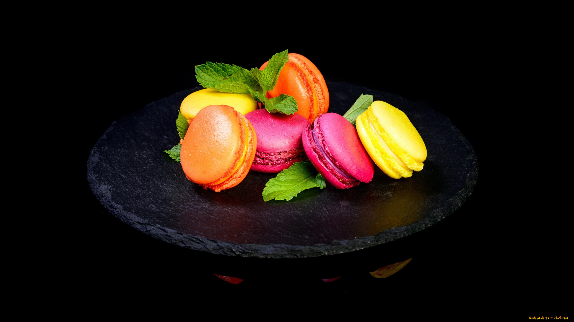 еда, макаруны, миндальное, десерт, мята, черный, фон, печенье