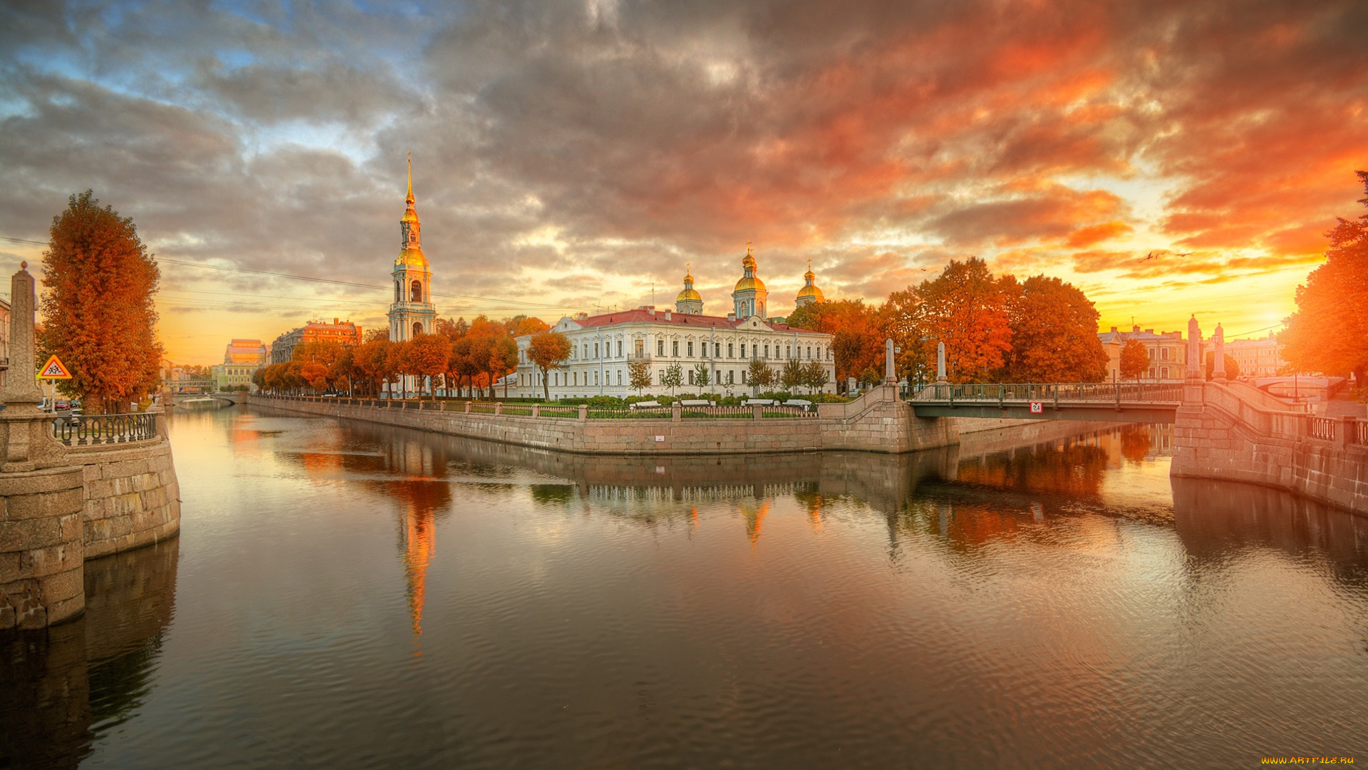 города, санкт-петербург, , петергоф, , россия, канал, мост, закат, небо, осень